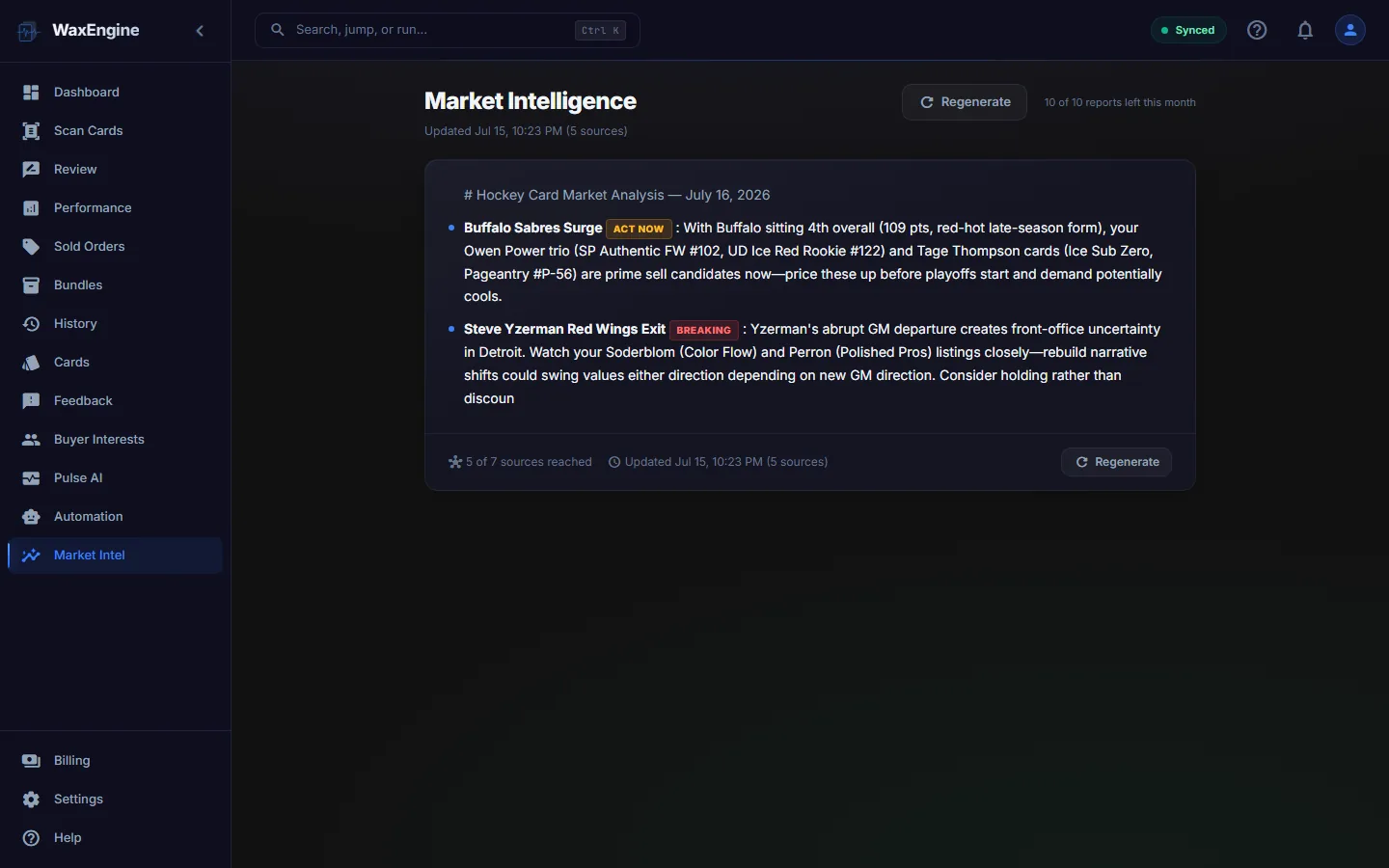 WaxEngine market intelligence report tied to inventory