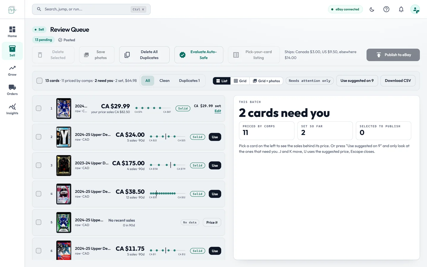 WaxEngine Review queue showing each card priced from its recent sales